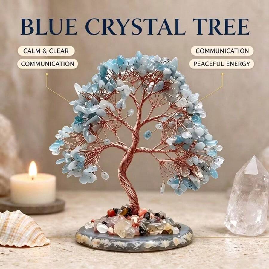 Natural Blue Agate Base Crushed Stone Money Tree, Crystal Craft, Suitable For Office Decoration, Home Decor, And Thoughtful Gift For Colleagues And Friends
