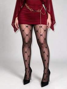 1 Pair Black Argyle Bow Tights, Vintage Diamond Pattern Jacquard Pantyhose - Black - View 6
