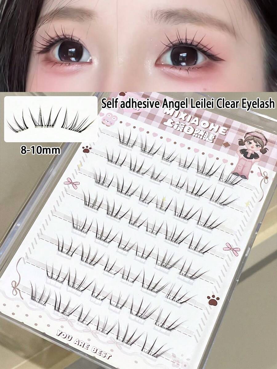 MIXIAOHE 48 Clusters Self-Adhesive Angel Wispy Clear False Lashes, Segmented Lash Clusters, Curved Design Fits Eye Shape, Clear Invisible Band, Distinct Individual Strands, Natural Sheer Look, Portable & Reusable, 8-10mm