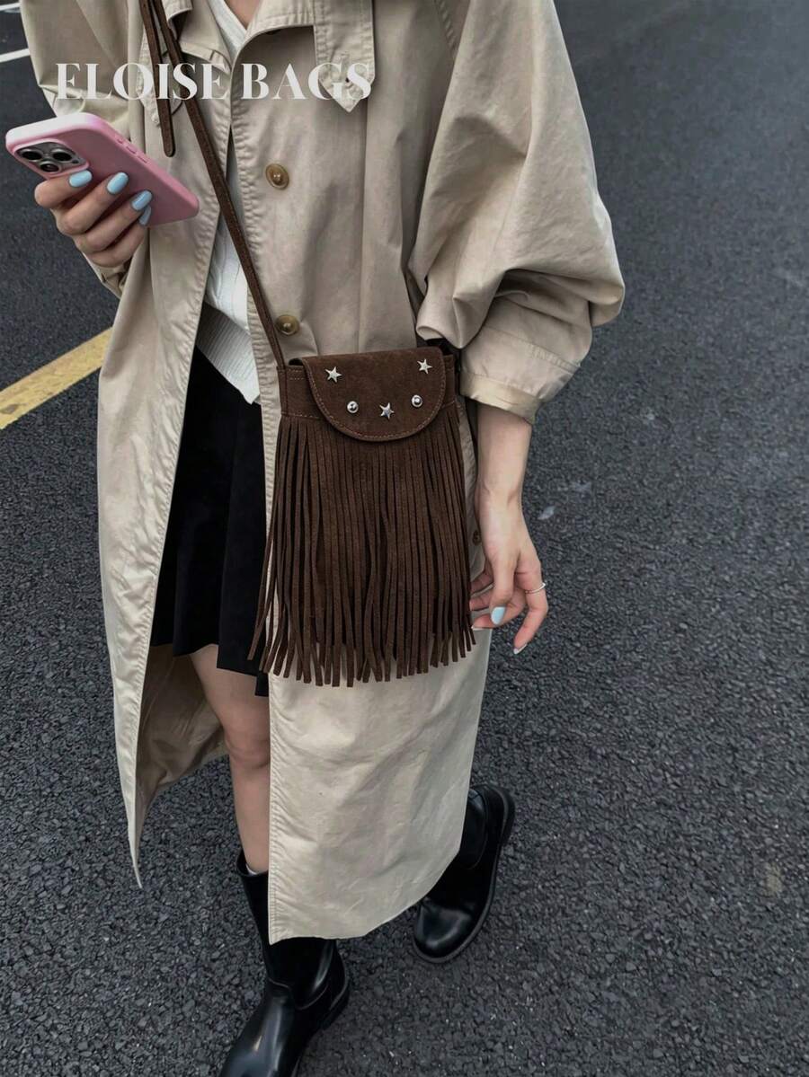 Bohemian Minimalist Personalized Vintage Double-Sided Tassel Crossbody Shoulder Bag Matte Finish - Coffee - View 1