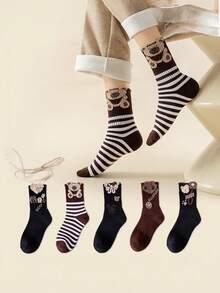5 Pairs Women's Socks, Maillard Cartoon Bear Chenille Mid-Calf Socks, Autumn/Winter - Multicolor - View 4