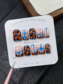 10pcs/Set Y2K Nails Handmade, Cute Nails, Pink Nails, Brown Nails, Leopard Nails & Blue Stripe Nails, Perfect For Parties & Daily Wear. Square Nails. Handmade Press On Nails Square, Fake Nails, Short Nails, Acrylic Nails, Handmade Nails, Fall Nails - Multicolor - View 11