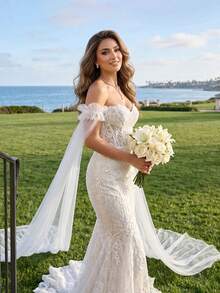 1 Pair White Long Train Tulle Cape Sleeves, Ruched Tulle Cuffs With Pearl Buttons, Detachable Bridal Shoulder Sleeve Accessory For Wedding Dress - Multicolor - View 6