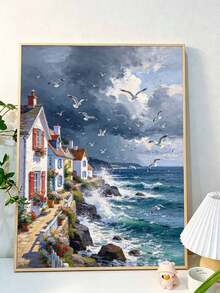 مجموعة الرسم بالأرقام DIY، مناظر طبيعية ساحلية لبيوت القرية على شاطئ البحر والمحيط، لوحة زيتية مرسومة يدويًا، ديكور جداري منزلي هدية - A - مشاهدة 3
