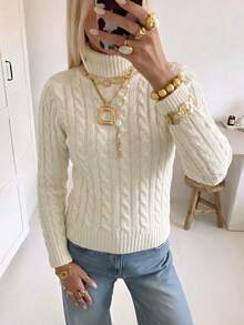 Elva Women's Autumn High Neck Vertical Striped Cable Knit Slim Fit Long Sleeve Sweater, Suitable For Commuting, Dating, Back To School, National Day, Shopping - White - View 2