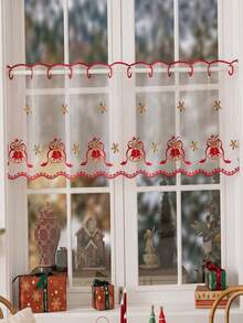 Christmas Decorative Sheer Curtains, Semi-Transparent Window Curtains With Red Christmas Pattern, Rod Pocket Light-Filtering Kitchen Window Sill Decor Half-Length Curtains, Christmas Kitchen Cafe Curtains, Suitable For Christmas Holiday Farmhouse Decor Short Curtains - White/Bell - View 8