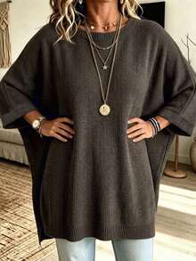 2026 Plus Size Women's Solid Color Round Neck Batwing Sleeve Loose Casual Sweater - Brown - View 3