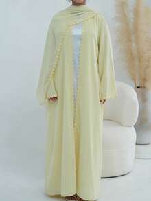 Women's Elegant Yellow Long Sleeve Abaya With Lace Floral Trim - Yellow - View 5