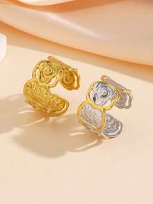 1/2pcs 18k Stainless Steel Gold-Plated Hammered Flower Open Ring, Gold/Silver Color, Suitable For Women's Daily Wear Or As A Gift - Multicolor - View 1