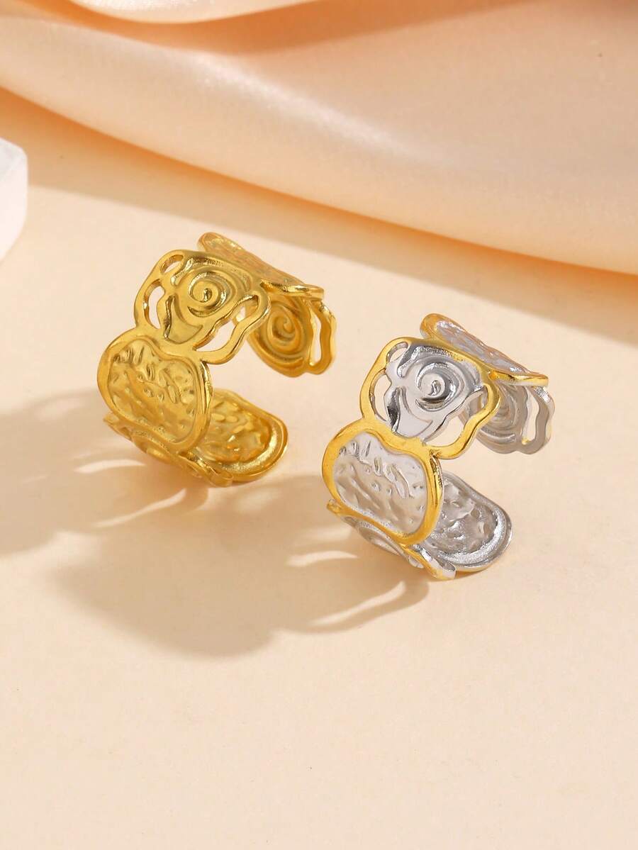 1/2pcs 18k Stainless Steel Gold-Plated Hammered Flower Open Ring, Gold/Silver Color, Suitable For Women's Daily Wear Or As A Gift - Multicolor - View 1