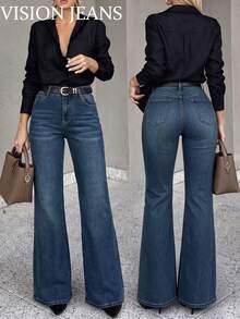 Women's Pocket Flare Leg Fashion Casual Denim Jeans - Medium Wash - View 2