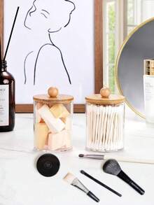 4pcs Cotton Swab Storage Boxes - 10oz Bamboo Lid Storage Containers, Bathroom Accessories Set, Suitable For Cotton Balls, Round Sanitary Pads, Panty Liners, Dental Floss, Home Bathroom Decor, Bathroom Storage, Autumn Decor, Cosmetic Storage, Back To School Essentials - Natural Wood Color - View 4