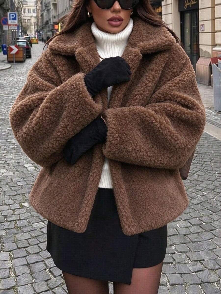 Women's Brown Teddy Fleece Lapel Coat, Long Batwing Sleeves, Regular Length, Warm Autumn/Winter Style - Brown - View 1