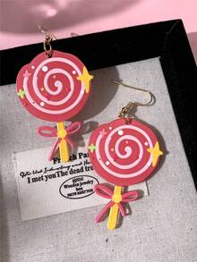 1 Pair Sweet Cute Star Donut Spiral Lollipop Embossed Print Acrylic Earrings, Bow Ribbon, Funky Style Jewelry, Suitable For Party Wear, Gift For Friends - Pink - View 3