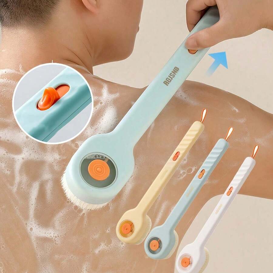 2pcs/1pc Long Handle Liquid Storage Bath Brush, Push-Style Body Exfoliating Shower Brush, Soft Bristle Back Cleaning Brush For Bathroom Self-Cleaning - Multicolor - View 1
