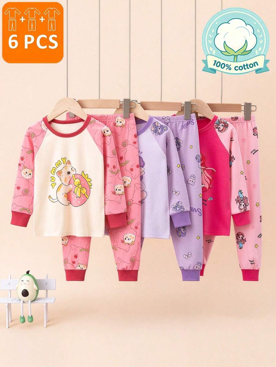 6pcs Girls Cartoon Patchwork Underwear Set, Mermaid & Cat Print Thick Long Sleeve Top And Pants Homewear Pajama Set, All-Over Print Autumn Outfit - Multicolor - View 1