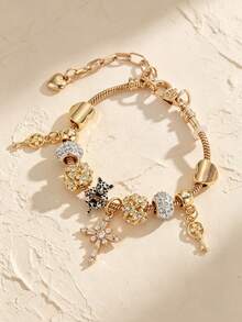 Y2K Leopard Print DIY Charm BraceletSnake Chain Bracelet With Leopard Cat, Cross, Key & Gift Box Pendant Stackable Large Hole Bead Bracelet For Women - Multicolor - View 2