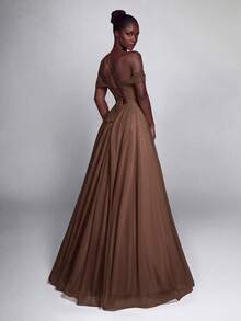 Elegant Spaghetti Strap Party Maxi Dress, Ruched Bust Design, Criss-Cross Back Straps, Flowing Floor-Length Hem, Suitable For Weddings, Dinners And Evening Occasions - Brown - View 2