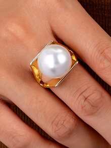 1pc Women's Single Ring, Classic Fashion Large White Faux Pearl Ring, Suitable For Daily Wear - White - View 4