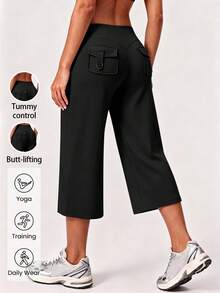 GLAMSKIN Fall Women High Waist Wide Leg Yoga Pants,Butt Lifting Workout Capri Pants With Back Pockets,Athletic Training Gym Leggings - Black - View 3