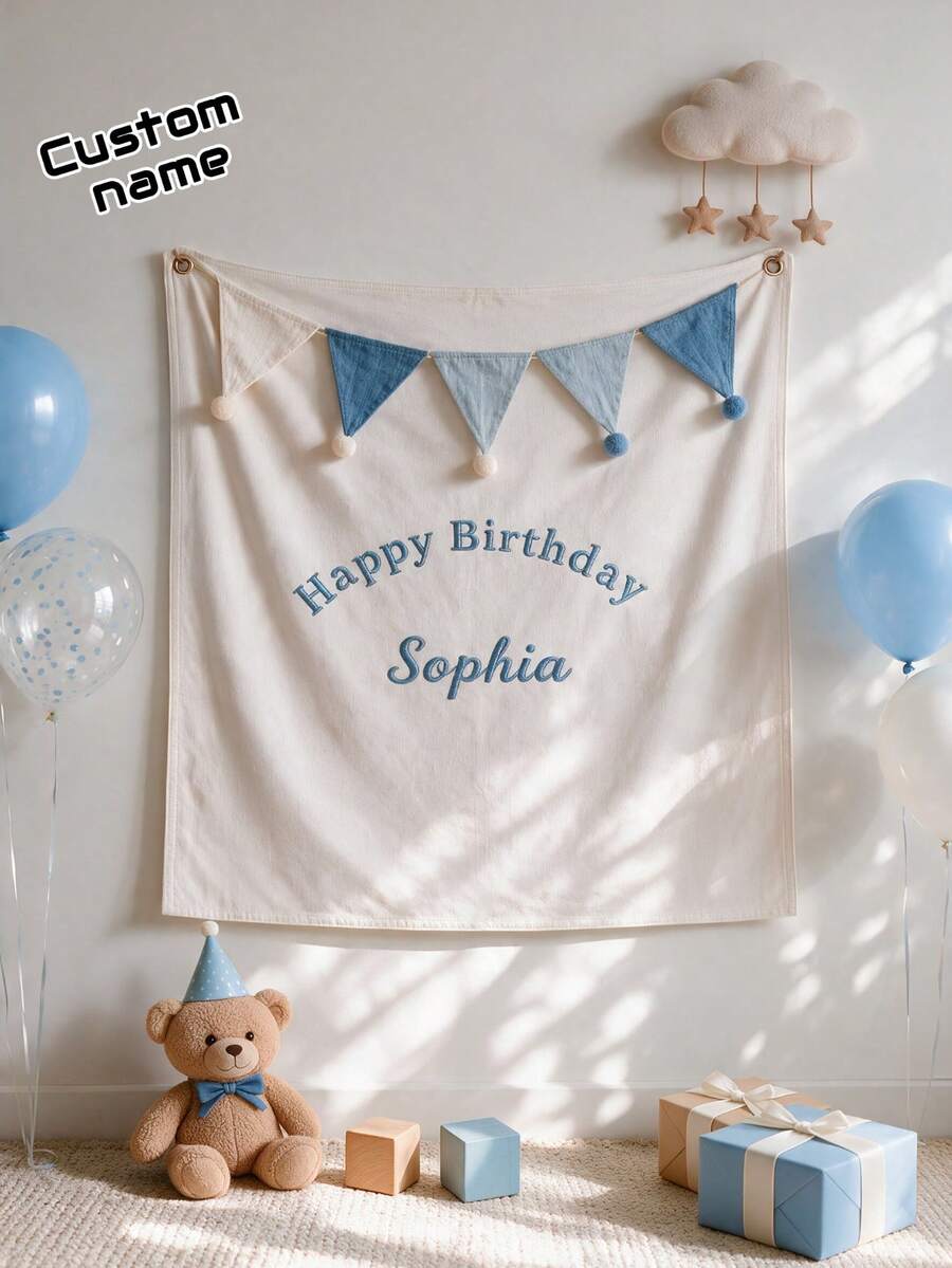 1pc Customized Embroidered Birthday Banner, Customized Embroidered Birthday Wall Decor, Room Decoration Wall Decor, Home Decor, Autumn Decor, Fashionable, Minimalist, Suitable As Birthday Gift, Holiday Gift, Anniversary Gift - Multicolor - View 1