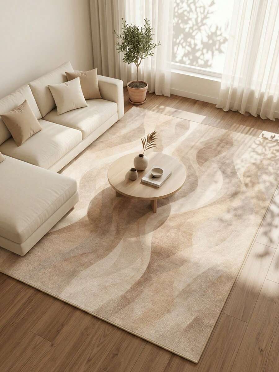 1PC Beige Gradient Wavy Texture Pattern Living Room Rug, Modern Minimalist Wabi-Sabi Cream Style Healing Faux Cashmere Rectangular Machine Washable Area Rug, Suitable For Daily Home/Housewarming/All Seasons Large Size Floor Mat, Aesthetic Home Decor - Multicolor - View 1