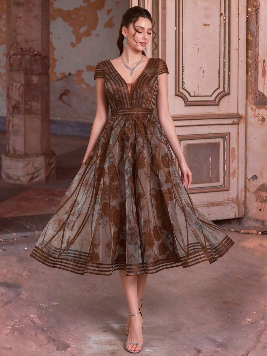 Mgiacy,Elegant V Neck Cap Sleeve Floral Printed Mesh Midi Evening Dress For Women Summer Wedding Guest, Prom, Going Out & Festival Dinner Party - Coffee Brown - View 1
