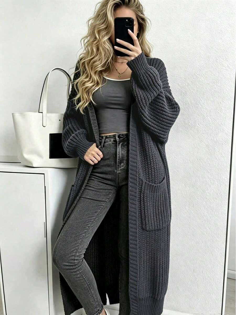 Solid Color Loose Knit Cardigan, Casual Long Sleeve Long Sweater With Pockets, Women Clothing, Long Sleeve Top Fall - Grey - View 1