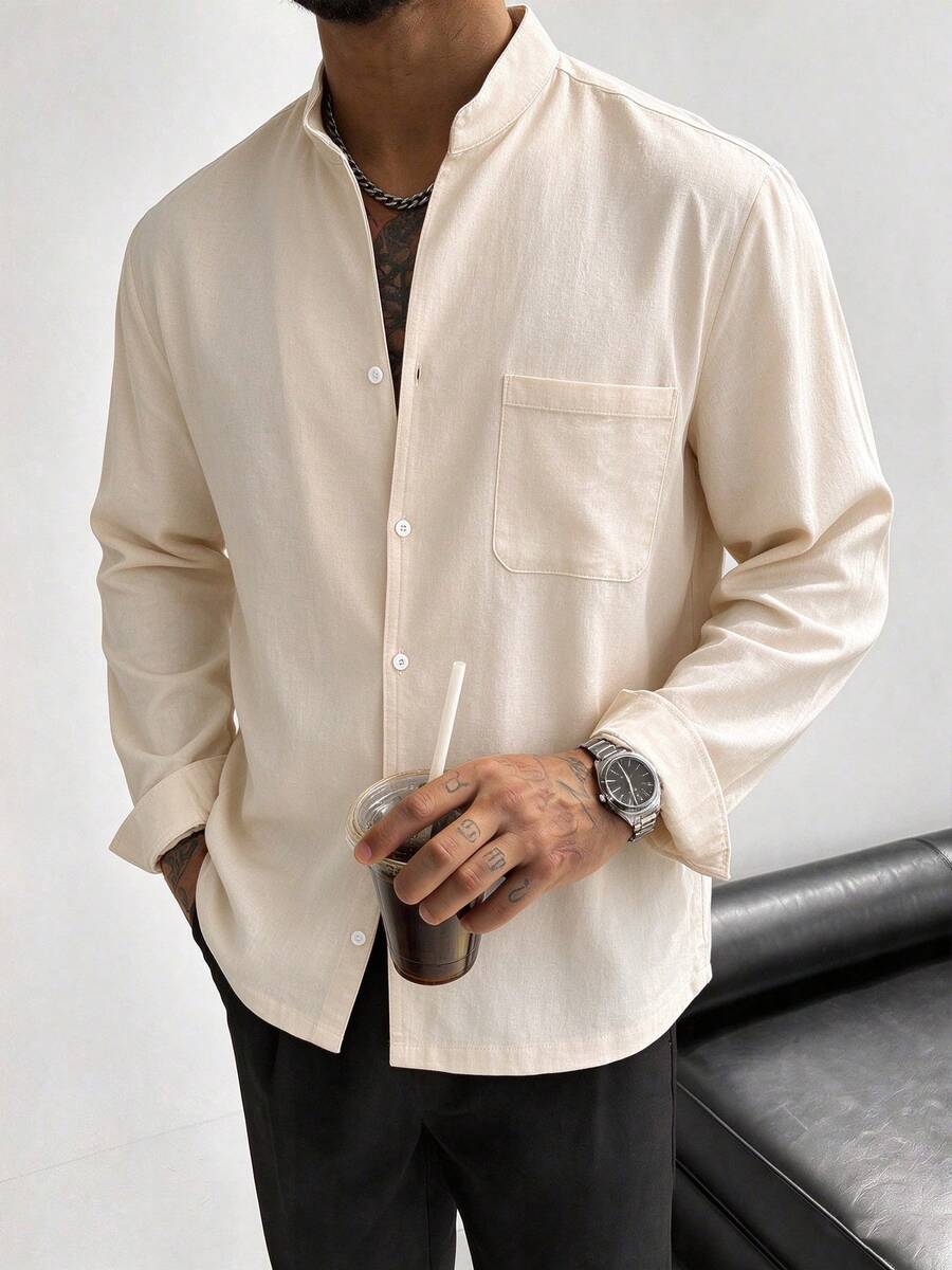 GloMan Old Money Style Men's Apricot Linen Long Sleeve Button Shirt, Notched V-Neck With Chest Pocket, Suitable For Autumn Commute, Vacation, Holiday And Casual Wear - Apricot - View 1