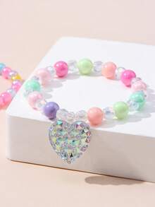 10Pcs Kids Beaded Bracelet Set, Heart Charms & Random Color Beads, Girls Daily Wear, Party Favors, Birthday Gift - Multicolor - View 9