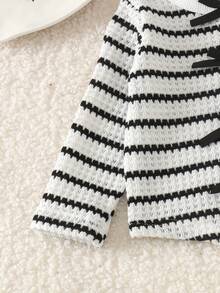 2pcs Baby Girl Cute Mori Style Knitted Striped Long Sleeve Top And Pants Set, Spring Autumn Minimalist - Black and White - View 6