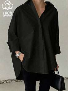 Women's Black Woven Regular Fit Pure Cotton Shirt, Long Sleeve Design, Button Detail, Versatile Fashion - Black - View 1