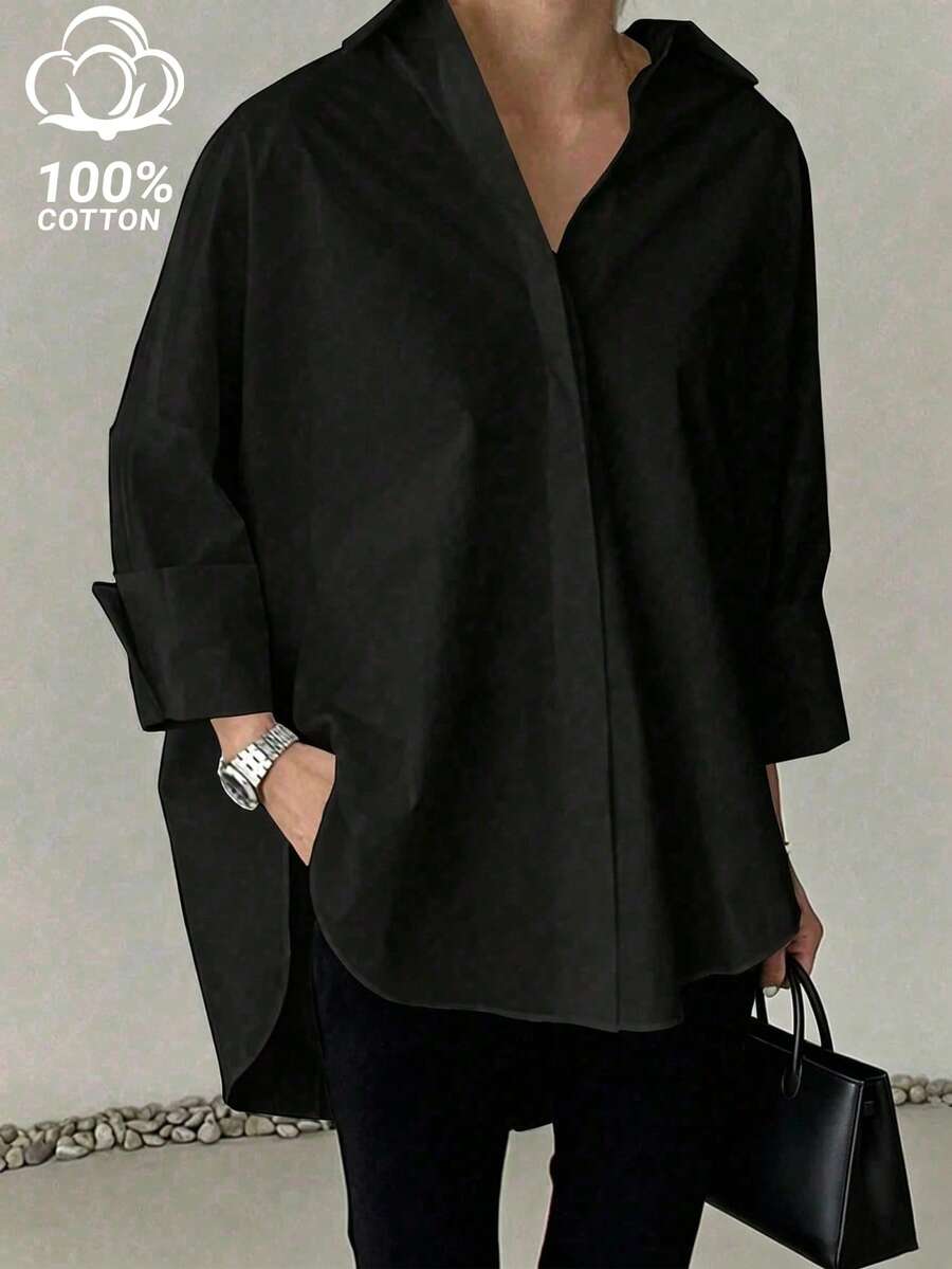 Women's Black Woven Regular Fit Pure Cotton Shirt, Long Sleeve Design, Button Detail, Versatile Fashion - Black - View 1