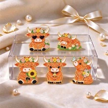 Cute Highland Cow Enamel Pin, Cartoon Floral Highland Cattle Brooch, Metal Animal Lapel Pin For Backpack Jacket Hat, Lovely Gift For Animal Lover - Multicolor - View 3