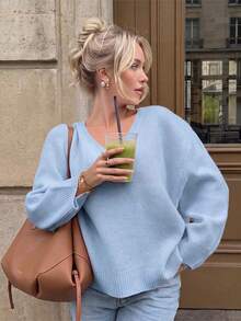 Live To Mo Women's Winter Casual V-Neck Knit Hoodie Sweatshirt, Pink, Suitable For Outings, Dates, Daily Commute - Light Blue - View 1