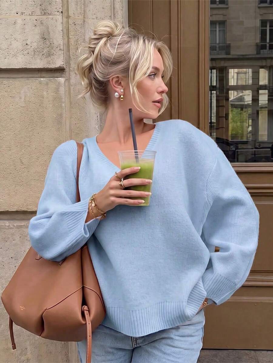 Live To Mo Women's Winter Casual V-Neck Knit Hoodie Sweatshirt, Pink, Suitable For Outings, Dates, Daily Commute - Light Blue - View 1