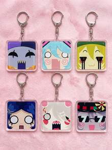 1Pc/6Pcs Anime & Game Character Funny Expression Theme Square Acrylic Keychains, Including Surprised Blue Hair Anime Character, Bleeding Tear Yellow Hair Character, Surprised Expression Character, Pink & White Mecha Animal And Character With Fashion Glasses & Hat Design, Fashion Bag Pendant, Suitable For Game & Anime Fans Gift, Collectible, All Seasons - Multicolor - View 1