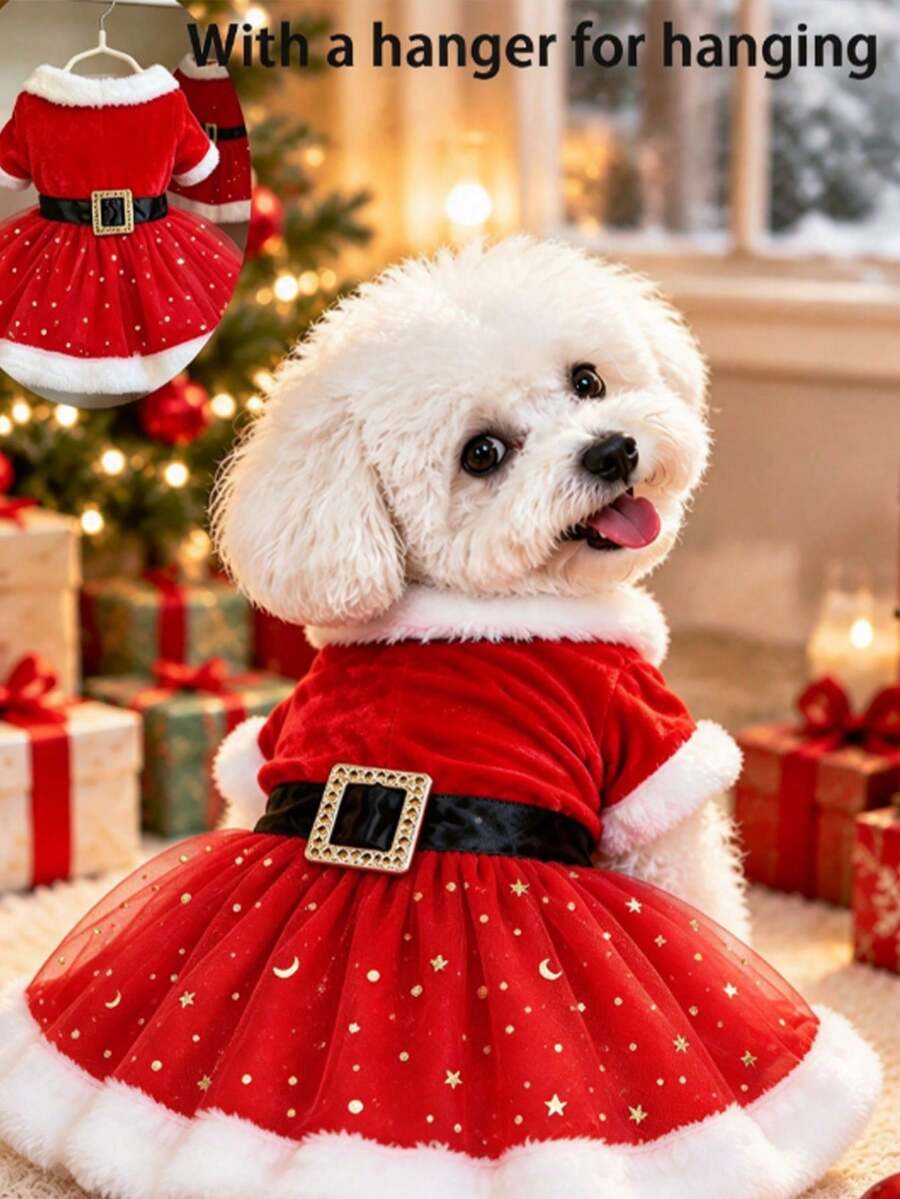 2pcs Christmas Dog Dress Set, Red Star Chiffon Pet Outfit With Bow Headband, Fluffy Warm Winter Puppy Costume With Plush Collar, Suitable For Small Dogs, Puppies, Chihuahuas, Holiday Party And Christmas Dress Up