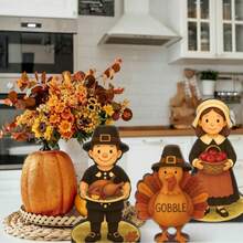 3-Piece Thanksgiving Decor Set: Autumn Wooden Pilgrim Couple And Turkey Tabletop Figurines, Includes Thanksgiving - A - View 6