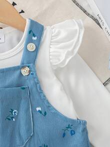 Autumn/Winter Baby Girl Cute White Flutter Sleeve Top && Blue Floral Print Overall Jumpsuit Versatile Outfit - White - View 5