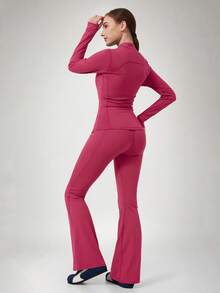 NcmRyu One Set Women's Small Stand Collar Zipper Dual Side Pockets Waist-Cinching Fitted Soft Long Sleeve Jacket Comfortable Flared Pants Sports Set - Hot Pink - View 10