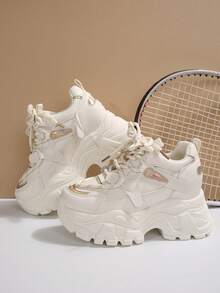 Women White Platform Sneakers, Comfortable Casual Hidden Wedge Heels - Beige - View 12