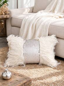 1pc Cream Faux Fur Pillowcase, Silver Sequin Patchwork Design, Modern Nordic Home Decor Cushion Cover, Suitable For Sofa, Bedroom, Living Room, Luxury Bohemian Home Decor, Pillow Insert Not Included - Multicolor - View 8