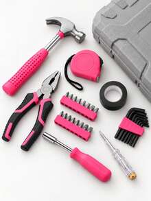 13/24pcs Pink Home Repair Tool Set, Barn-Style Toolbox With Screwdriver, Hammer, Pliers, Hex Key, Tape Measure, Portable Multi-Function Tools - Toolbox - View 11