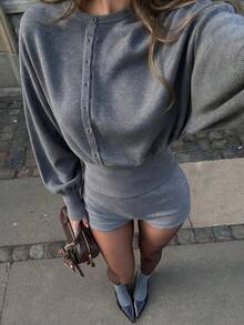 QUNGIGU Women Two Pieces Outfit Sweater Set Button Down Lantern Sleeve Knit Top And Shorts Casual Clothes For Fall Winter Going Out Dating - Grey - View 1