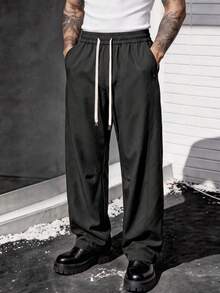 Blueprint Man 1pc Men's Black Wide Leg Long Pants, Elastic Waist With Adjustable Drawstring, Comfortable And Unrestricted, Side Pockets With Metal Rivet Detail, Solid Color Minimalist Style, Daily Commute, Casual Outings, Men's Long Pants - Black - View 11