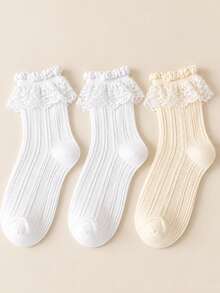1 Pair Women's Beige Mesh Lace Trim Socks, Cute & Fashionable Crew Socks For All Seasons - Beige - View 8