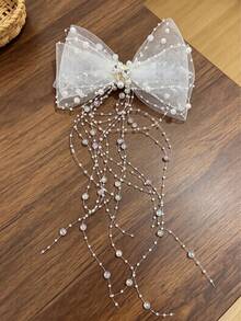 1pc Large White Mesh Bow Hair Clip With Pearl Crystal Beaded Long Tassel, Bridal Wedding Banquet Back Head Hair Accessory - Multicolor - View 6