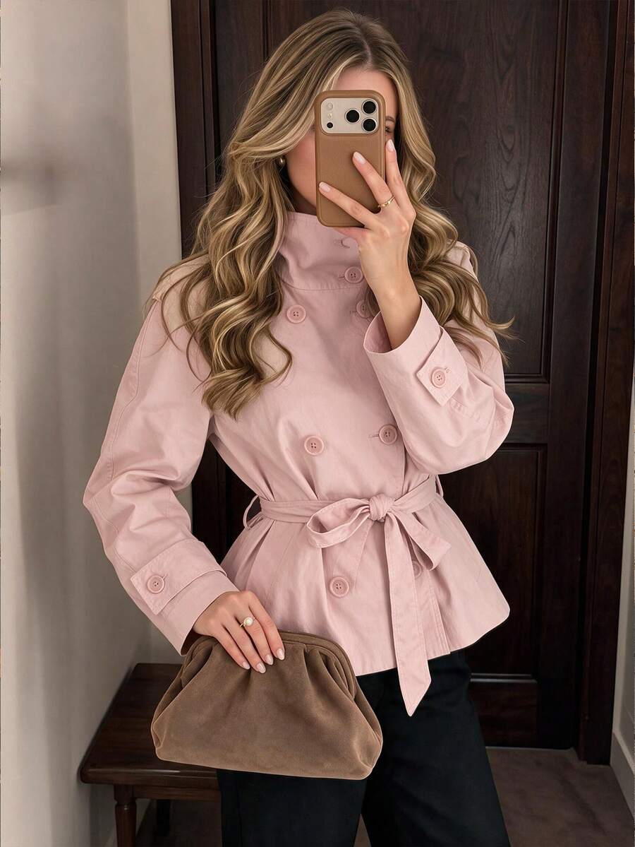 Women's Elegant Fashion Casual Commute Daily Date Minimalist Trench Coat - Pink - View 1