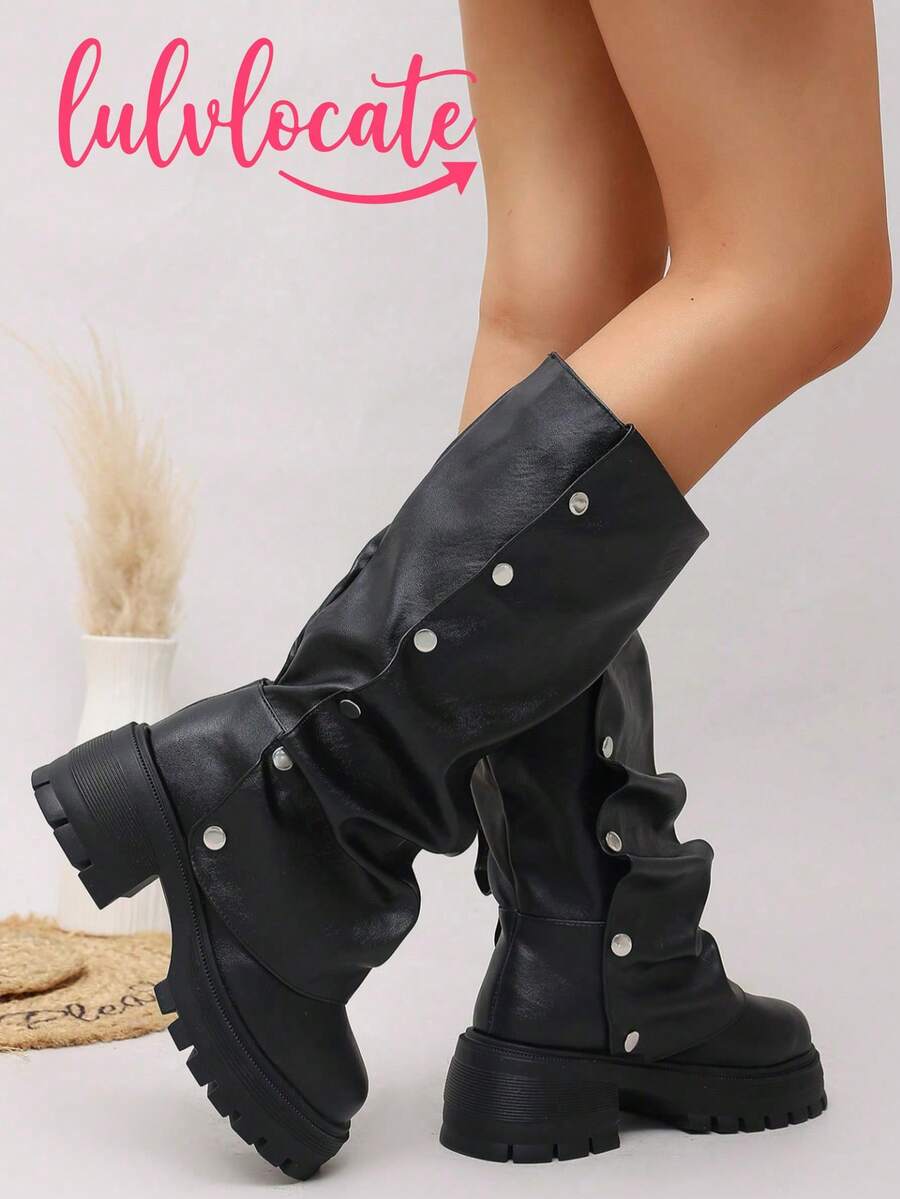 Women's Knee-High Boots With Studs Decoration, Loose Pleated PU Leather, Chunky Heel Thick Sole, Punk Motorcycle Boots, Thick Sole Boots